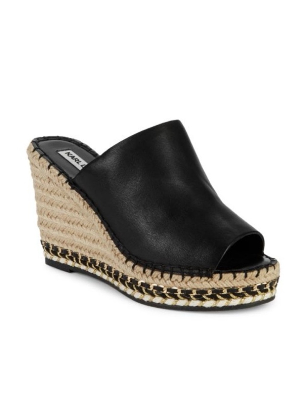 NWOT Karl Lagerfeld Black Leather Espadrille Wedge/Mule w/ Natural Jute Platform